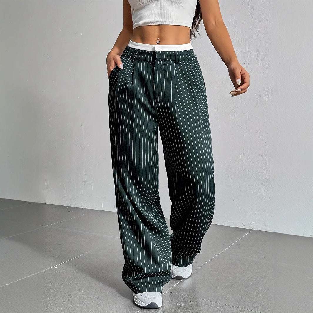 Stripe Printed Trousers Fashion High Waist Straight Leg Pants With Pocket Zipper Casual Suit Pants For Women - Elevra