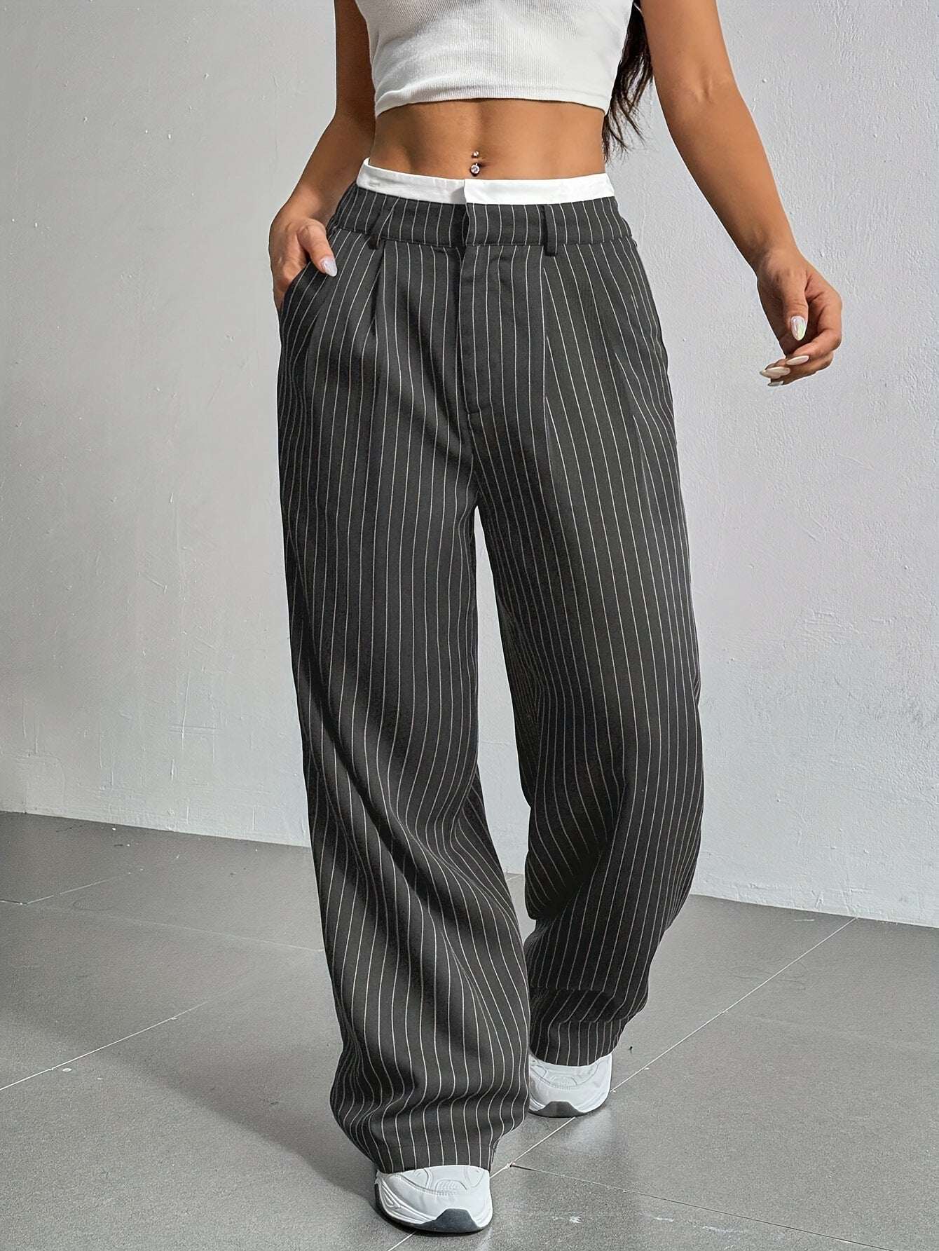 Stripe Printed Trousers Fashion High Waist Straight Leg Pants With Pocket Zipper Casual Suit Pants For Women - Elevra