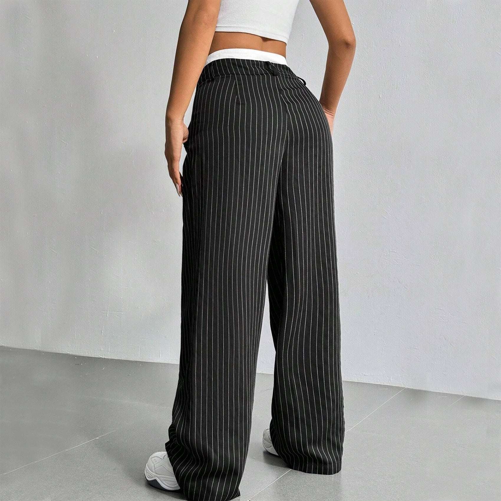 Stripe Printed Trousers Fashion High Waist Straight Leg Pants With Pocket Zipper Casual Suit Pants For Women - Elevra