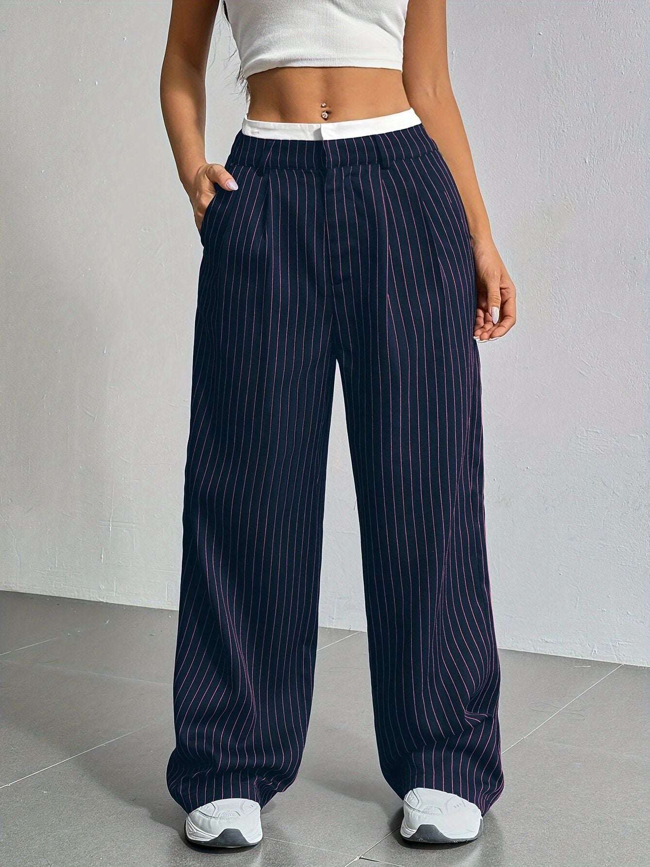 Stripe Printed Trousers Fashion High Waist Straight Leg Pants With Pocket Zipper Casual Suit Pants For Women - Elevra