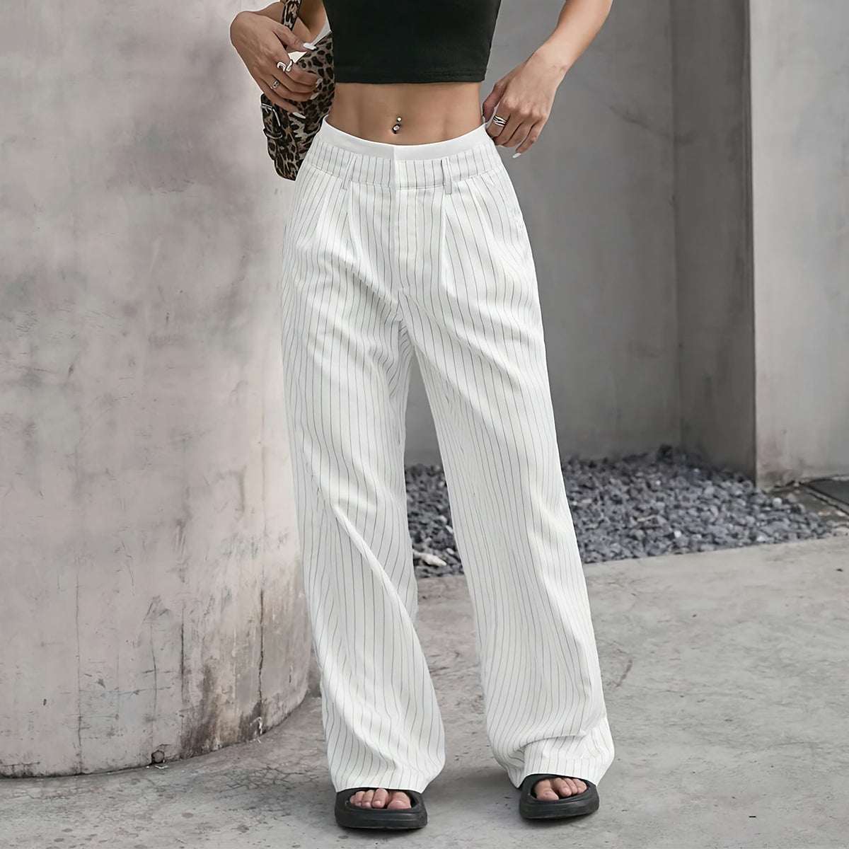 Stripe Printed Trousers Fashion High Waist Straight Leg Pants With Pocket Zipper Casual Suit Pants For Women - Elevra