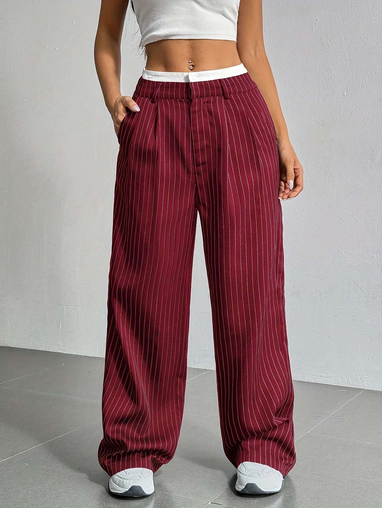Stripe Printed Trousers Fashion High Waist Straight Leg Pants With Pocket Zipper Casual Suit Pants For Women - Elevra