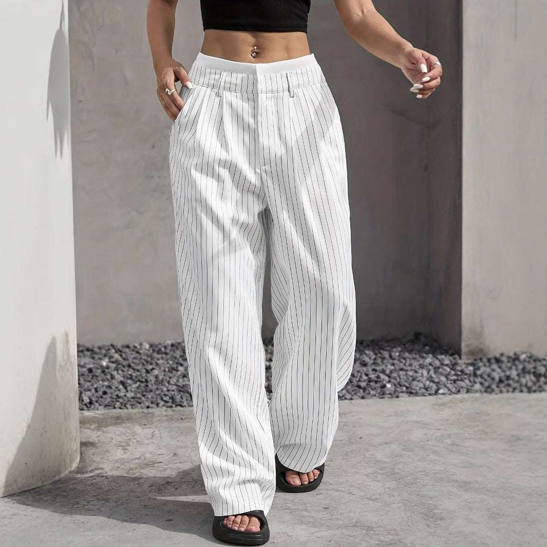Stripe Printed Trousers Fashion High Waist Straight Leg Pants With Pocket Zipper Casual Suit Pants For Women - Elevra