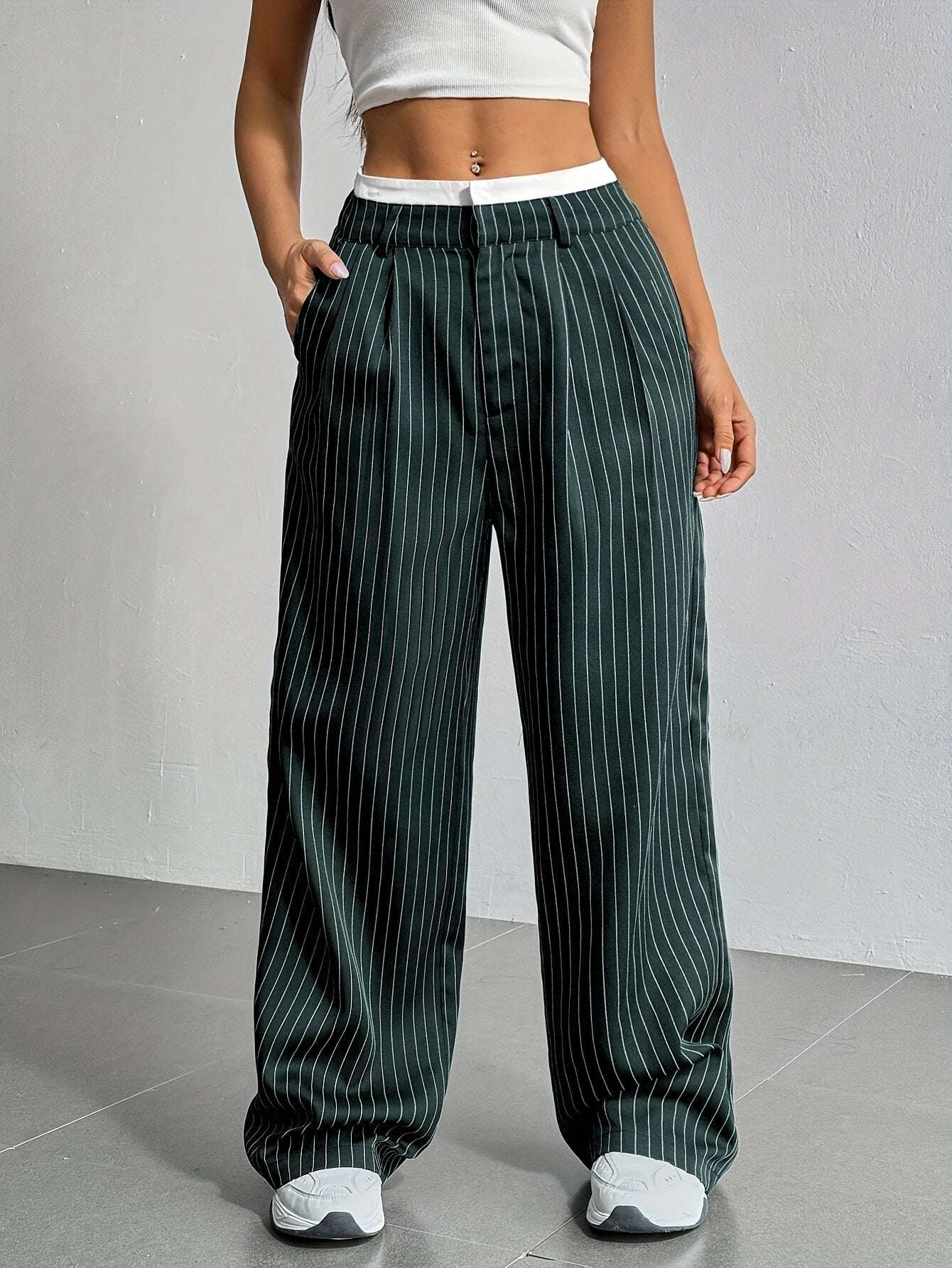 Stripe Printed Trousers Fashion High Waist Straight Leg Pants With Pocket Zipper Casual Suit Pants For Women - Elevra