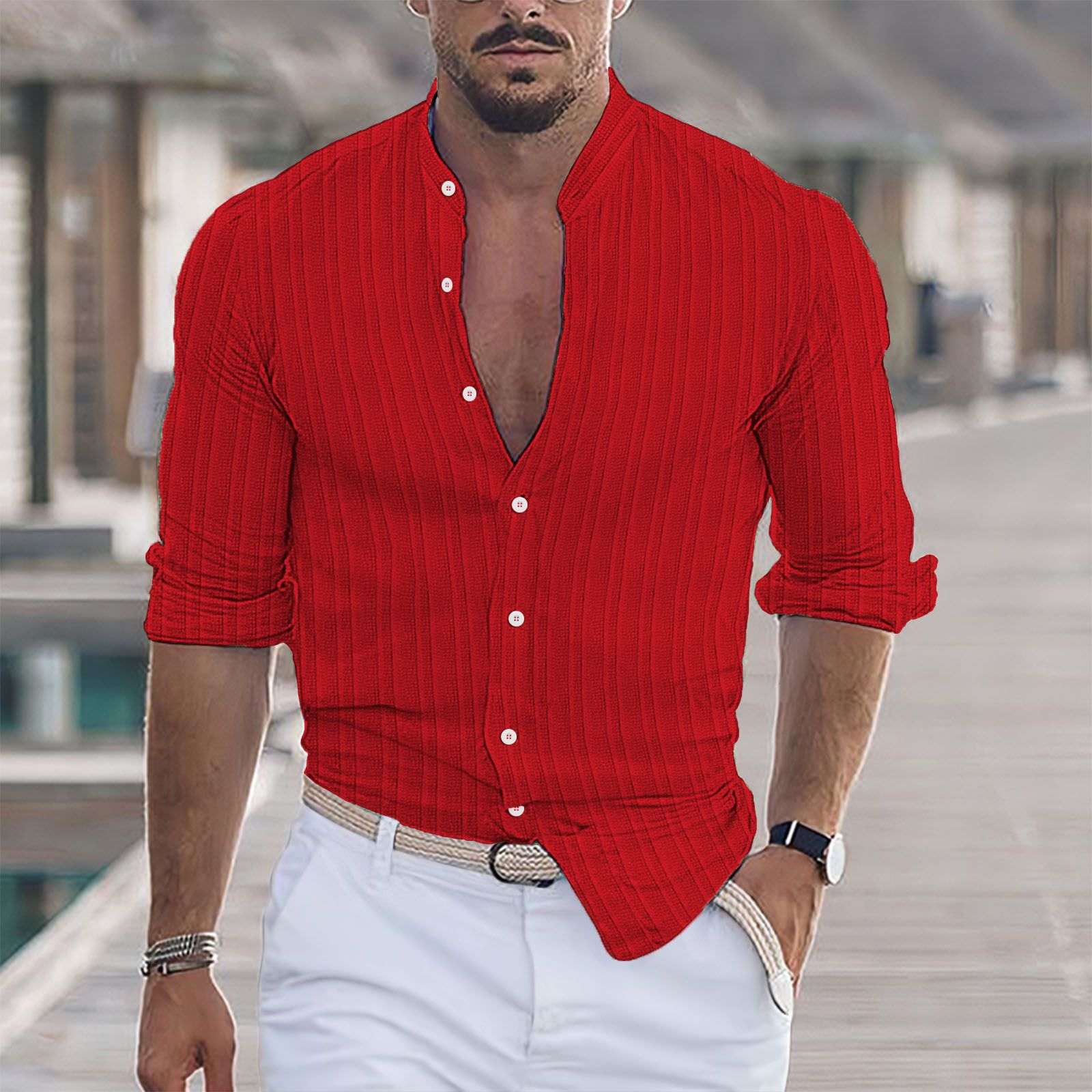 Striped Jacquard Casual Loose - fit Long - sleeve Shirt In Multiple Colors - Elevra