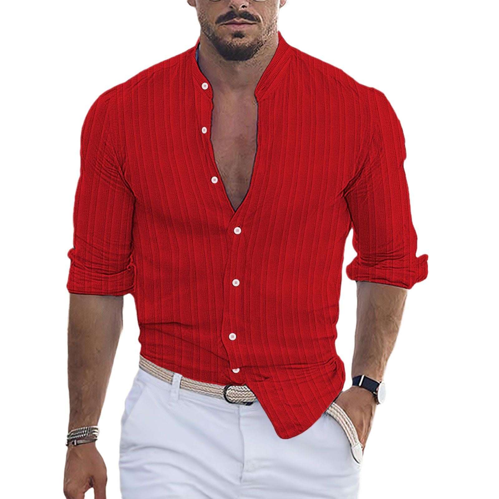 Striped Jacquard Casual Loose - fit Long - sleeve Shirt In Multiple Colors - Elevra