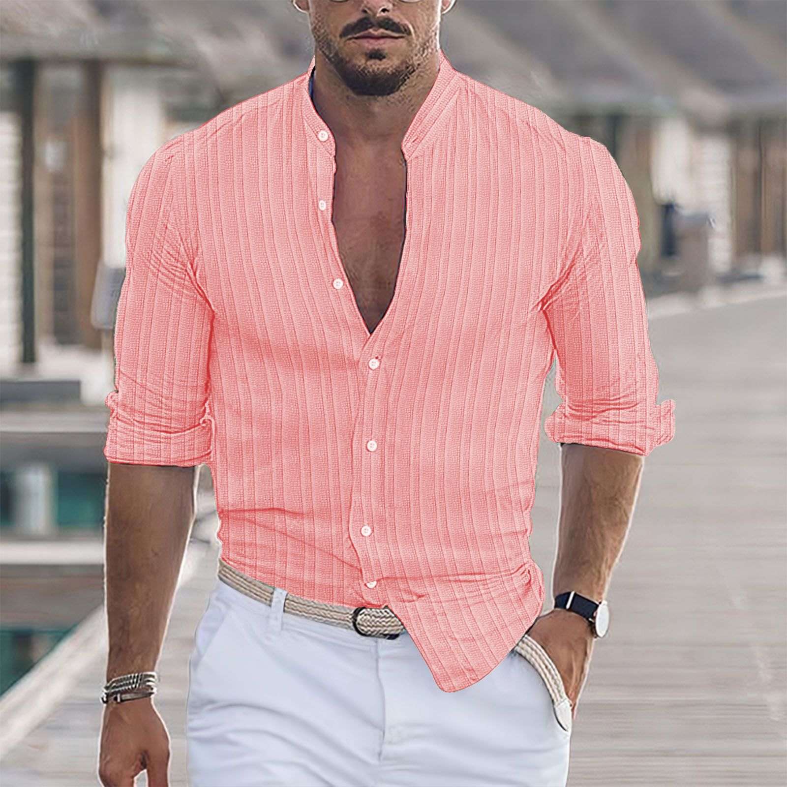 Striped Jacquard Casual Loose - fit Long - sleeve Shirt In Multiple Colors - Elevra