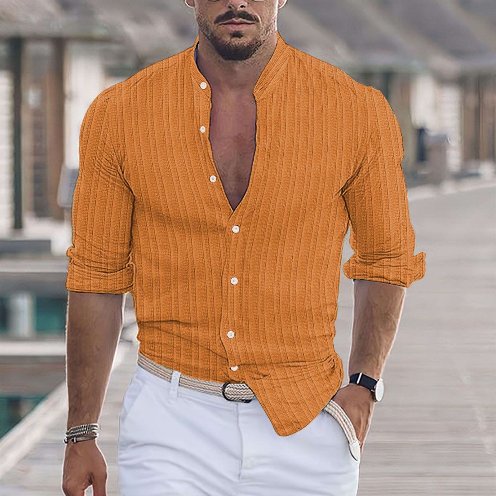 Striped Jacquard Casual Loose - fit Long - sleeve Shirt In Multiple Colors - Elevra