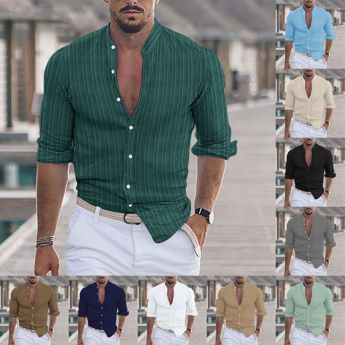 Striped Jacquard Casual Loose - fit Long - sleeve Shirt In Multiple Colors - Elevra
