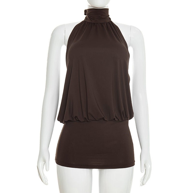 Summer Solid Colored Sleeveless Lace Up Halter Neck Midriff Baring Short Skirt - Elevra
