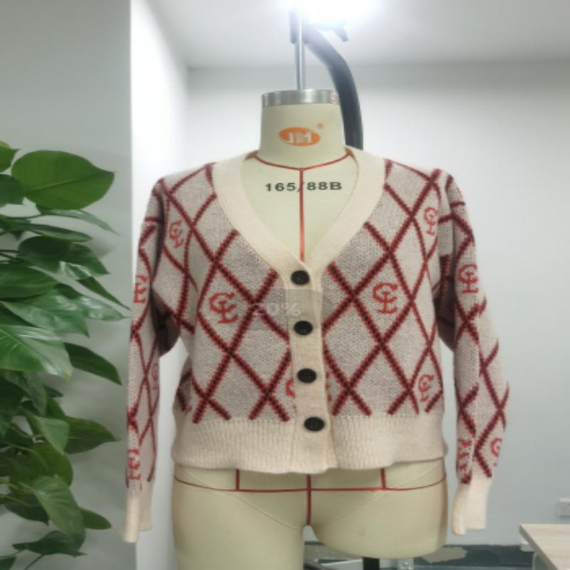 V - neck Diamond Plaid Cardigan Women's Knitting Coat - Elevra
