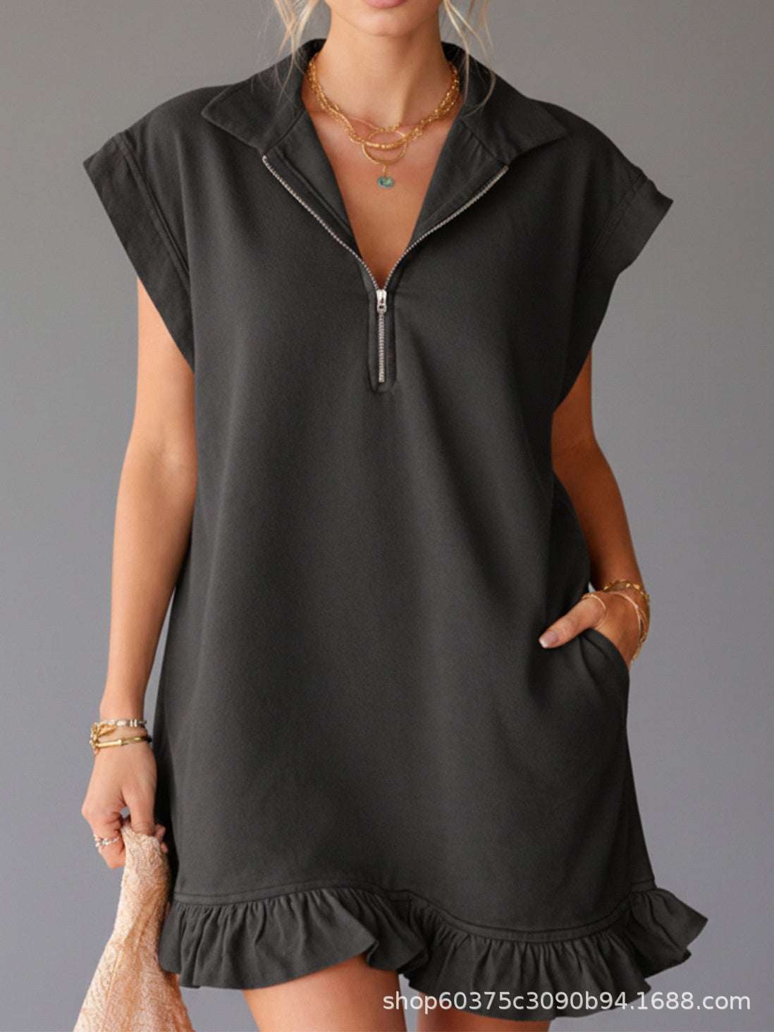 V - Neck Sleeveless Dress - Women's Casual Summer Dress With Two Front Pockets And Back Zipper Closure For Daily Wear - Elevra