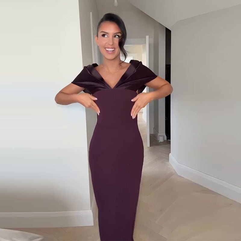 V - neck Slim - fit Waist Sheath Split Off - the - shoulder Dress - Elevra