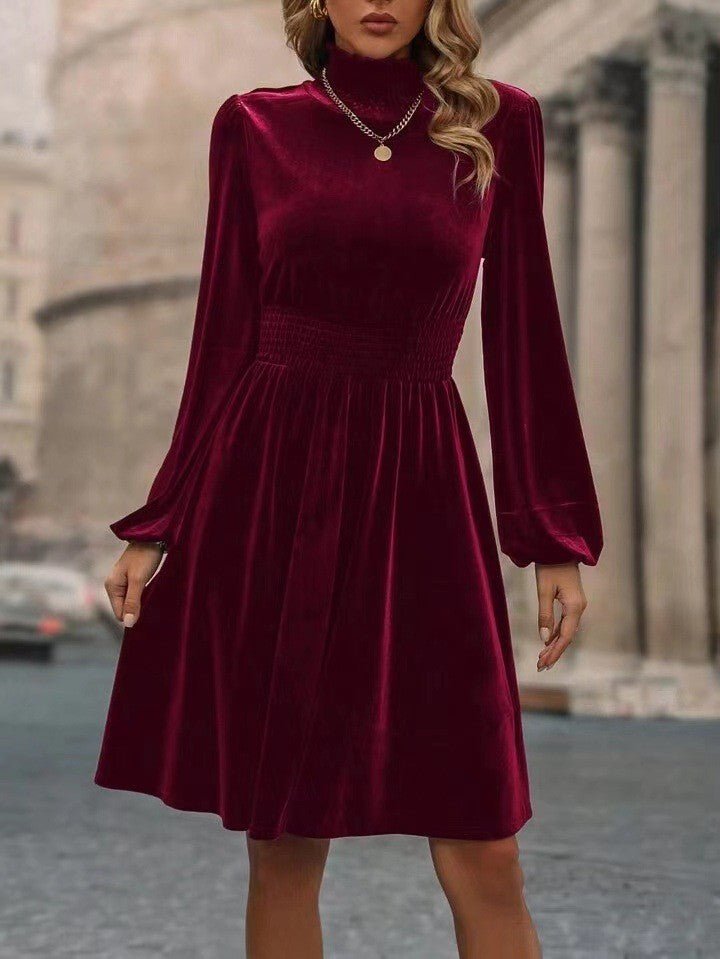 Velvet Long Sleeve Dress –Graceful Stand Collar Womens Dress - Elevra