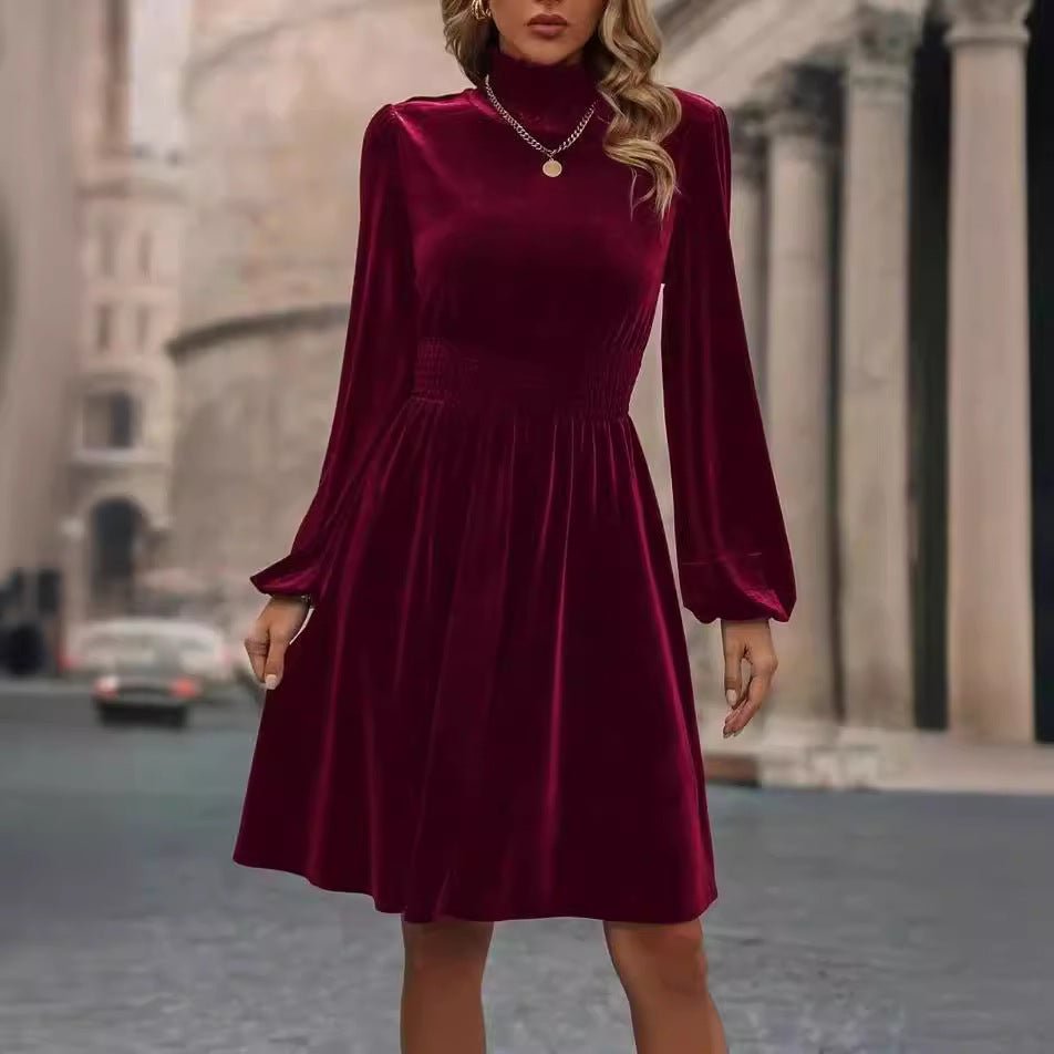 Velvet Long Sleeve Dress –Graceful Stand Collar Womens Dress - Elevra