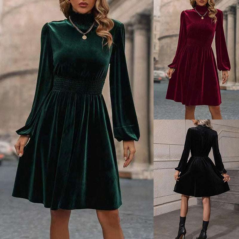 Velvet Long Sleeve Dress –Graceful Stand Collar Womens Dress - Elevra