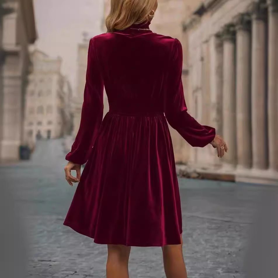 Velvet Long Sleeve Dress –Graceful Stand Collar Womens Dress - Elevra