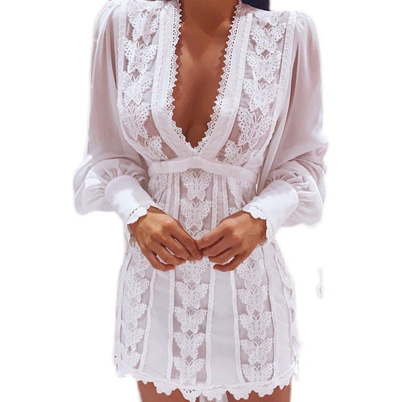White Elegant Dresses Sexy V Neck Lace Dress Long Puff Sleeve Butterfly Dress For Women - Elevra