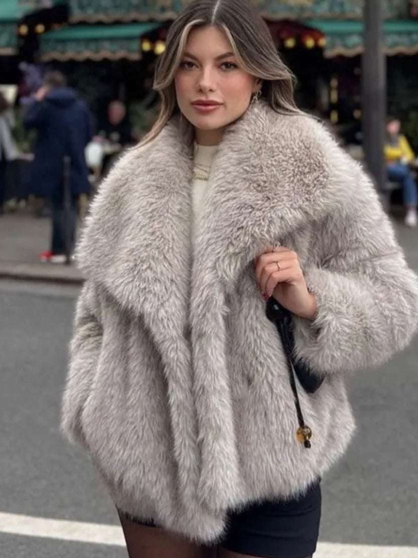 Winter Plush Coat Fashion Warm Thicken Fluffy Lapel Jacket Outwear Casual Long Sleeve Tops Womens Clothing - Elevra