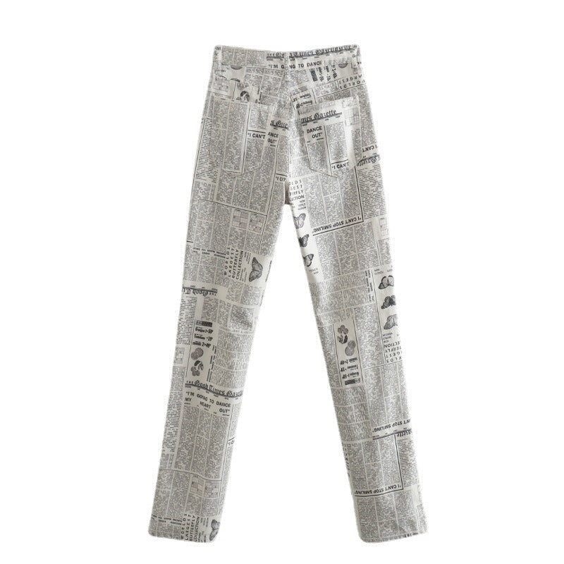 Woman Fashion Beige Print Straight Pants Patchwork Trousers - Elevra