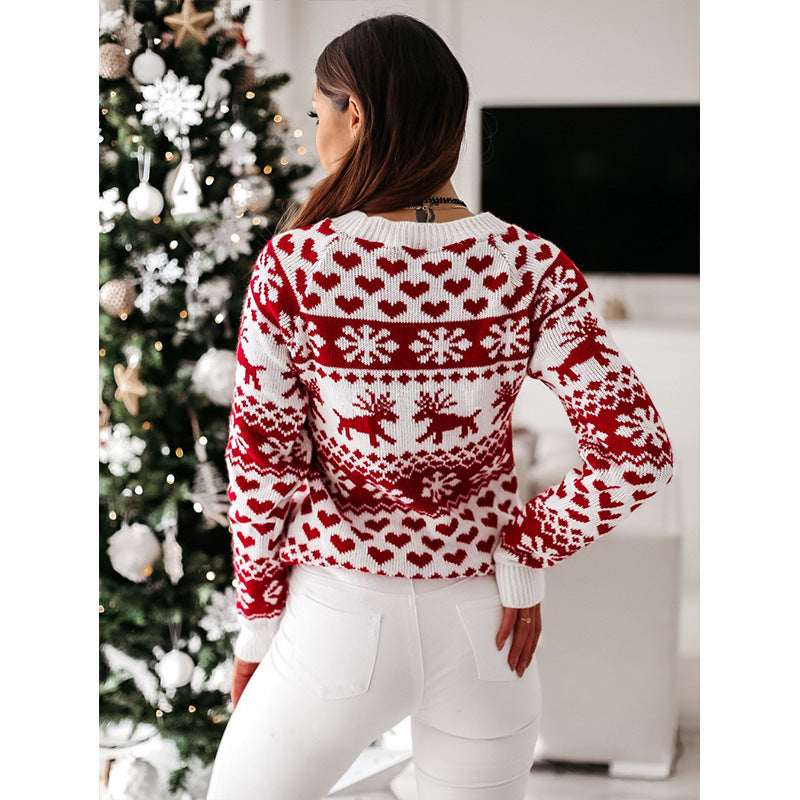 Women Ugly Christmas Sweater – Elk & Snowflake Knit Pullover - Elevra