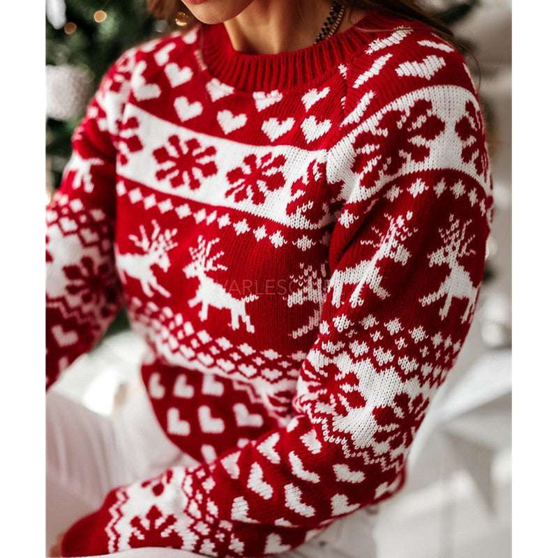 Women Ugly Christmas Sweater – Elk & Snowflake Knit Pullover - Elevra