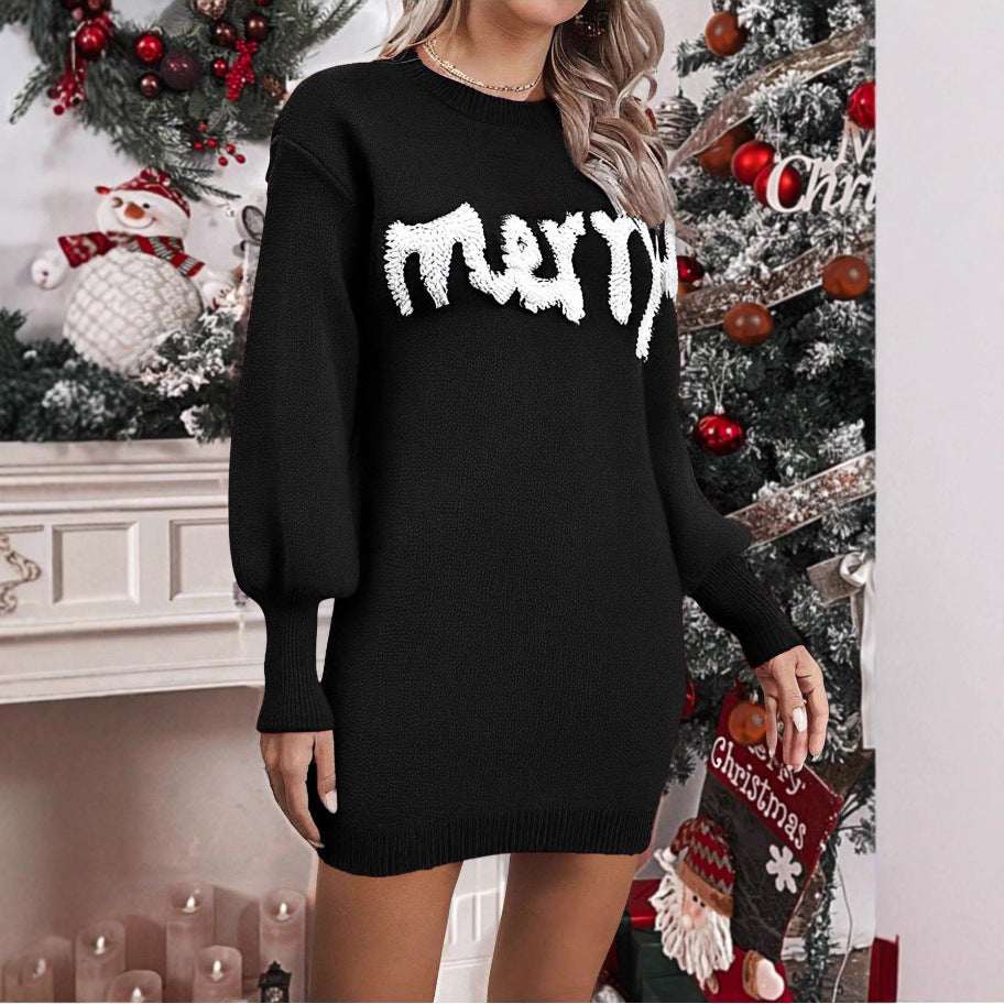 Women's Christmas Knitted Round Neck Sweater Dresses Lantern Sleeve Pullover Sheath Dress Elegant Loose New Year Party Dresses Fall Winter Knitted Sweater Jumper - Elevra