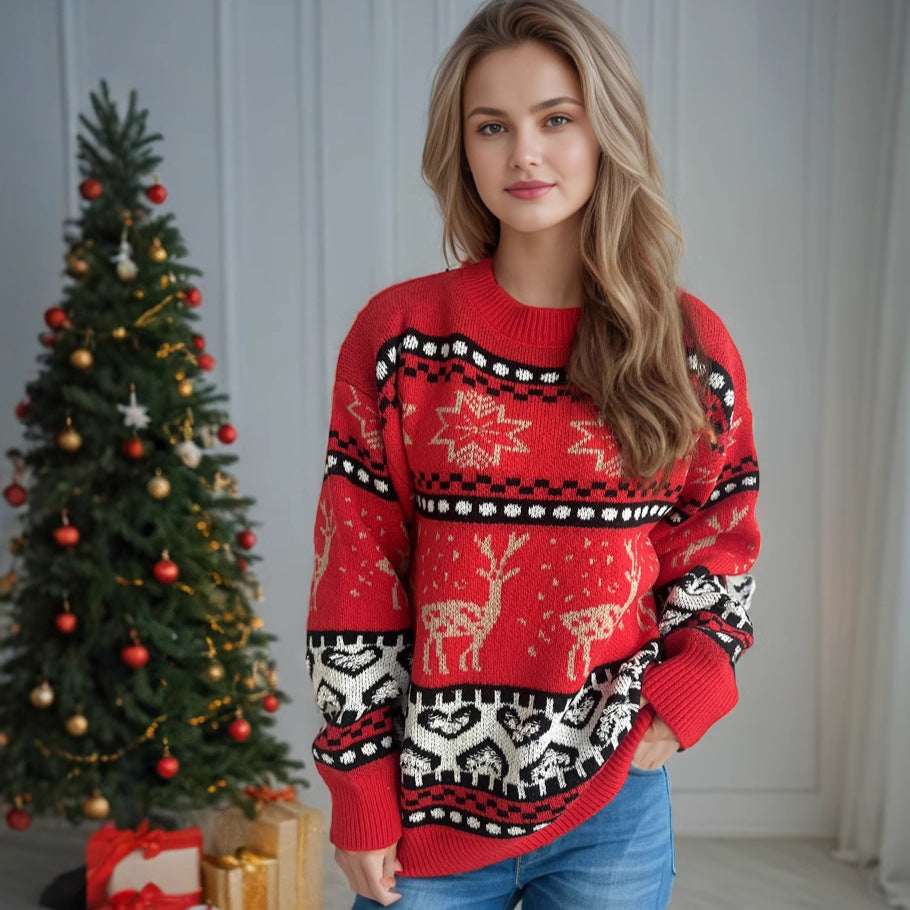Women’s Christmas Sweater–Red Deer Jacquard Long Sleeve Knit - Elevra