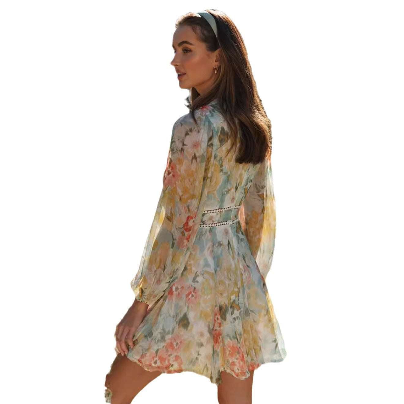 Women's Fashion Printed Puff Sleeve Lace Dress - Elevra