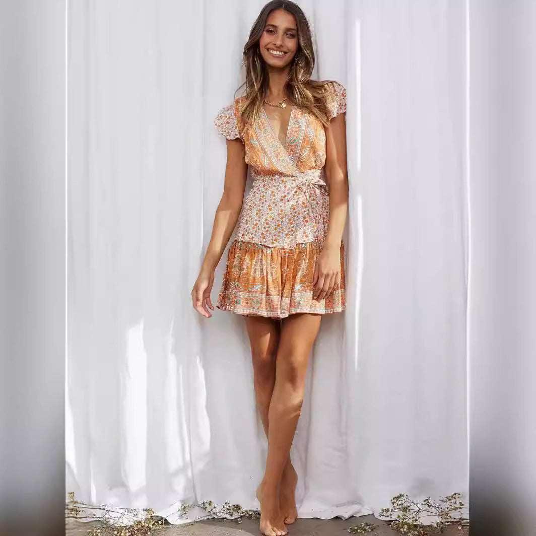 Women's Fashion V - neck Cardigan Strap Vacation Style Dress - Elevra