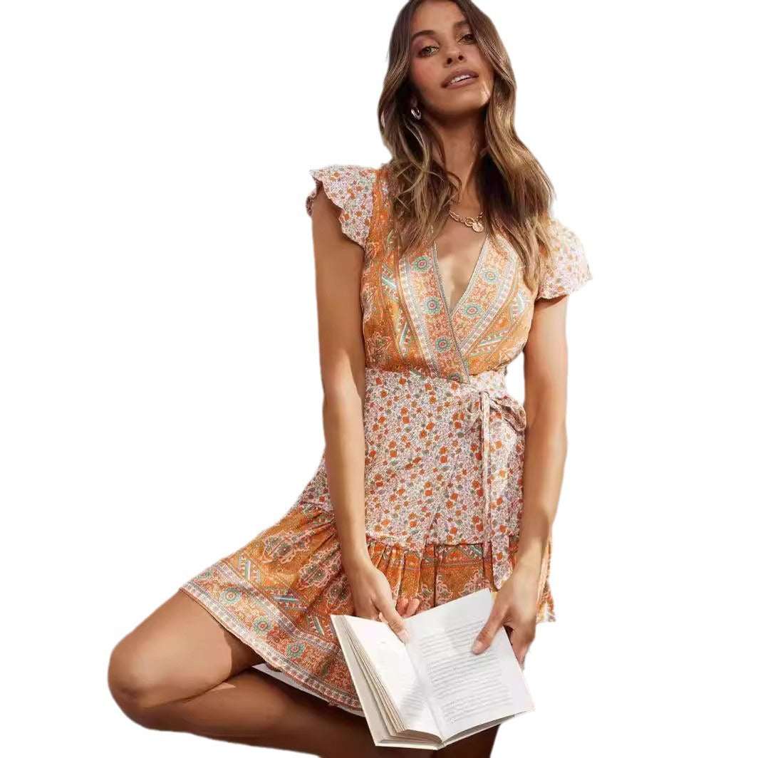 Women's Fashion V - neck Cardigan Strap Vacation Style Dress - Elevra