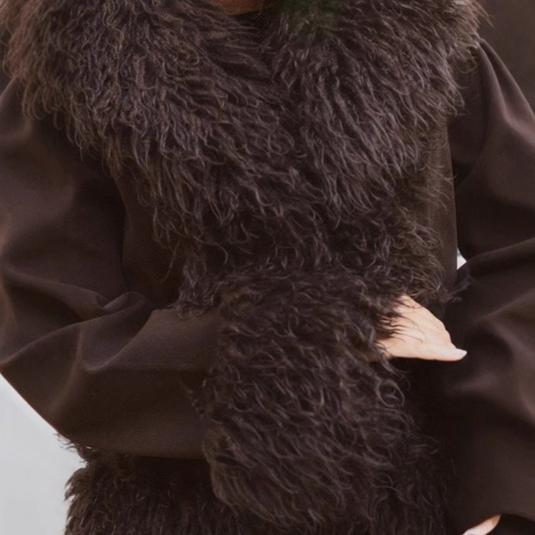 Luxury dark brown faux fur coat with plush texture and elegant drape