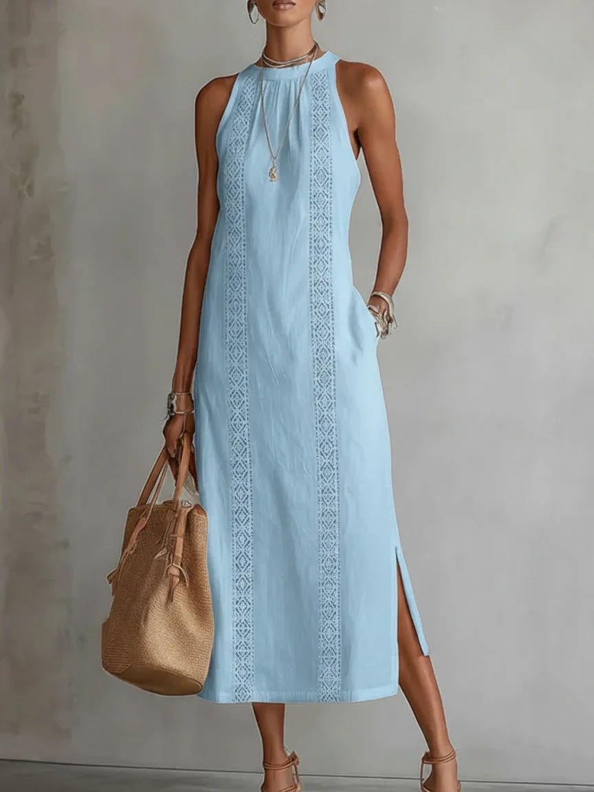 Light blue sleeveless midi dress with lace trim, side slit, paired with straw tote and sandals