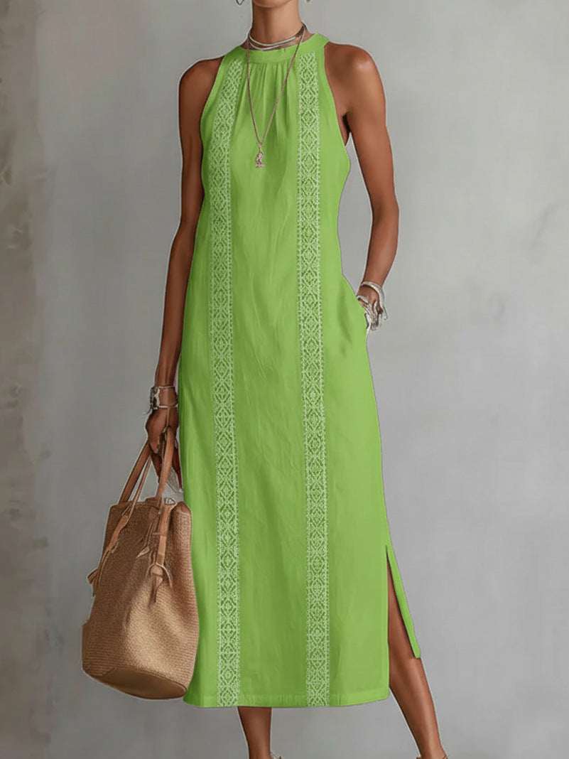 Women's Halter Neck Sleeveless Dress Lace Patchwork Holiday Style Summer Top - Elevra