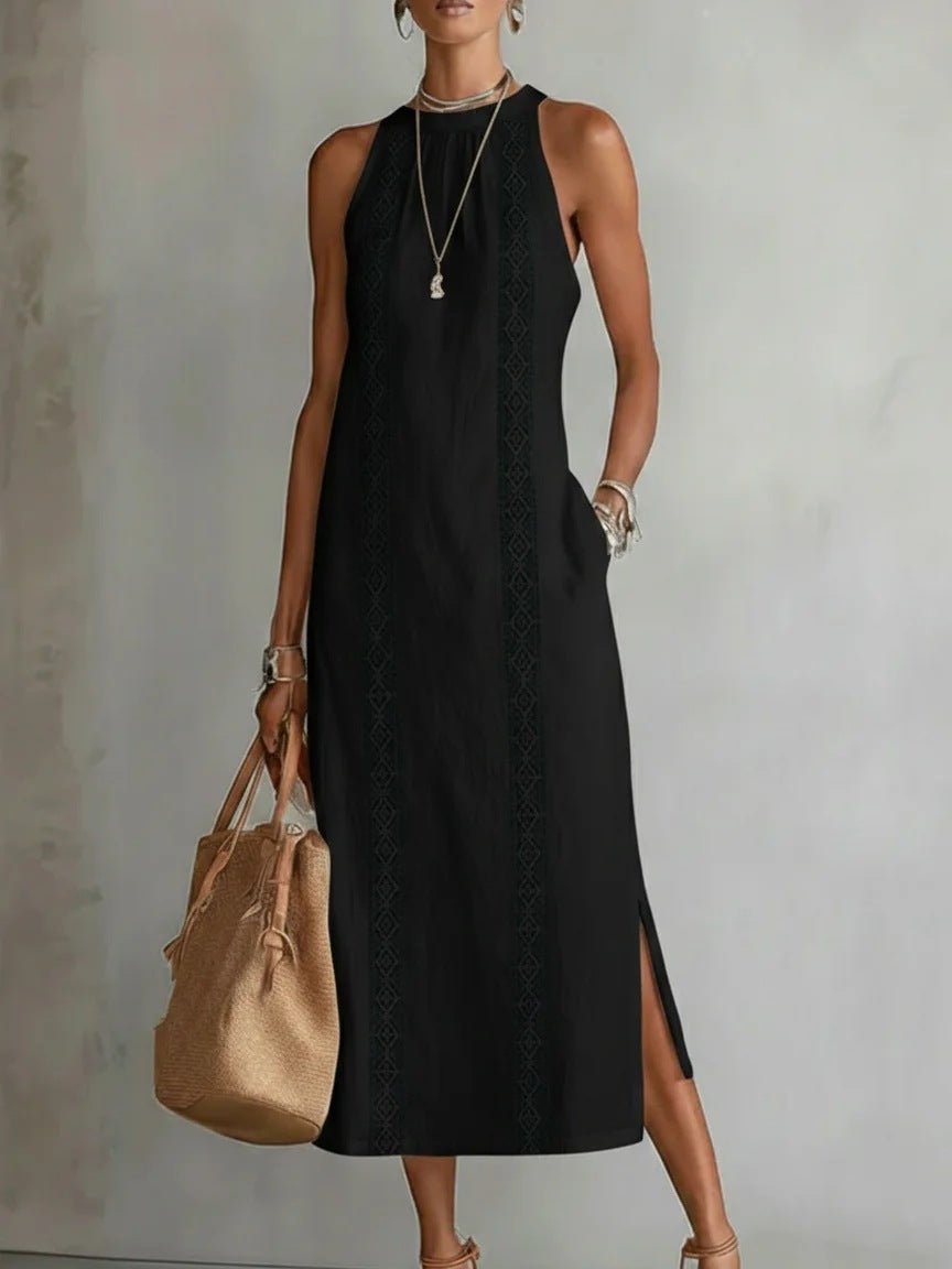 Black sleeveless midi dress with lace trim, side slit, and pocket, styled with woven tote bag and sandals
