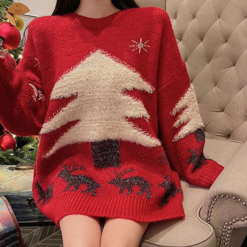Women's Mid - length Christmas Lazy Loose Bottoming Sweater - Elevra