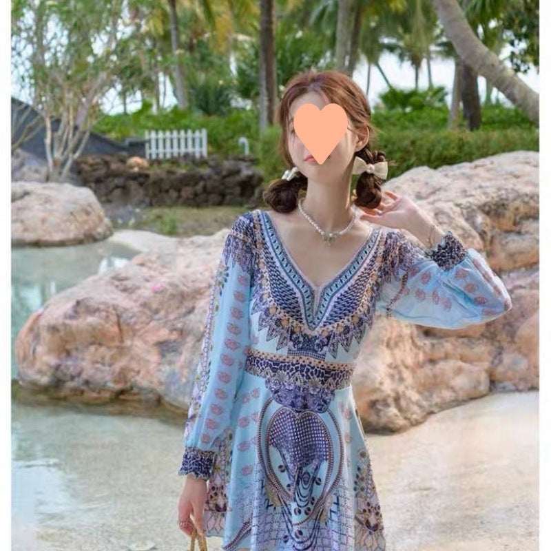 Women's One - piece Boxer Long Sleeve Small Chest Gathered Swimsuit - Elevra