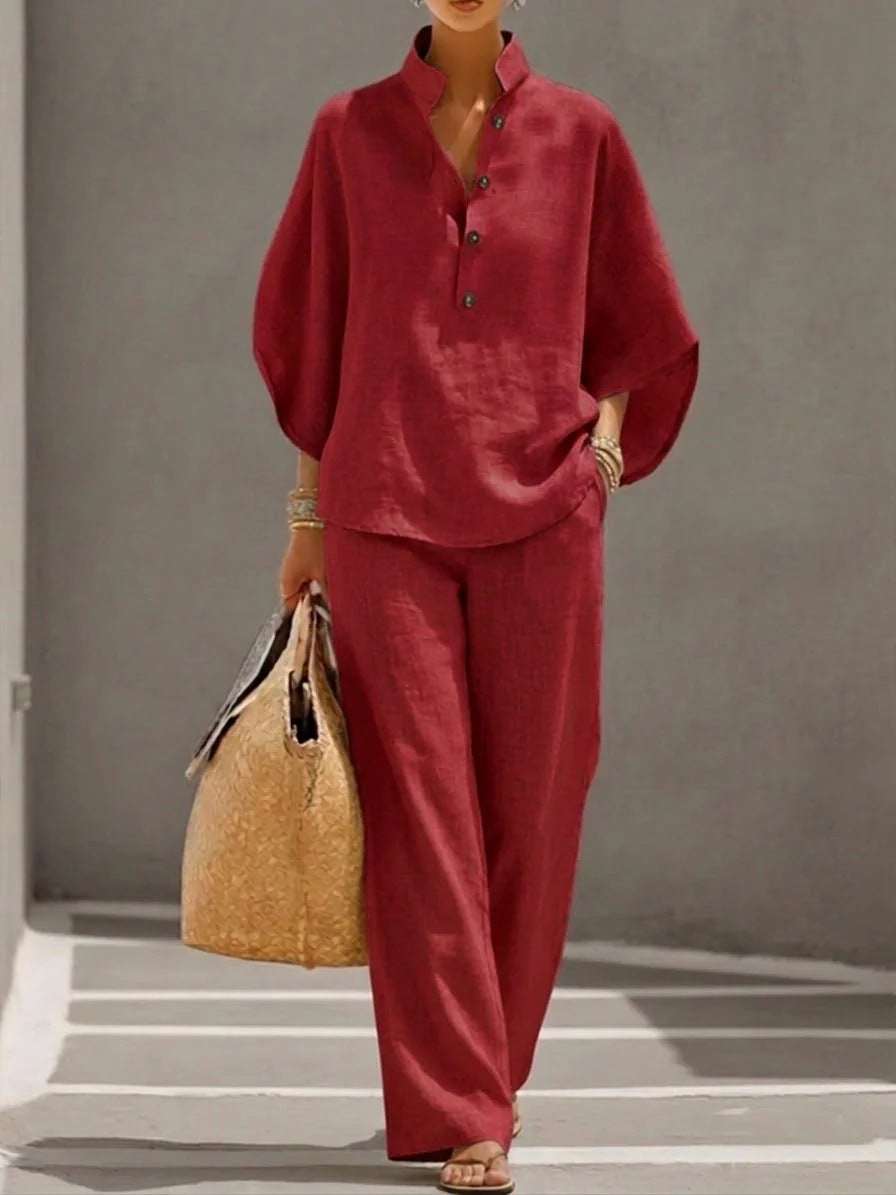 Women's Short - sleeved Suit Summer Loose Pullover Top And Straight - leg Trousers Outfit Clothing - Elevra