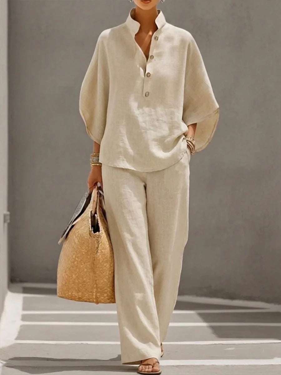 Women's Short - sleeved Suit Summer Loose Pullover Top And Straight - leg Trousers Outfit Clothing - Elevra