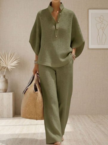 Olive green textured knit top and wide-leg pants set with button front, styled with woven tote bag