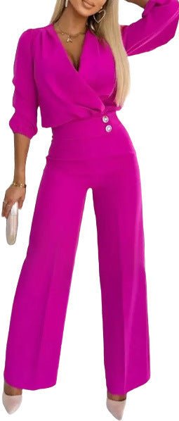 Women's Solid Color And V - neck Two - button 2 - piece Trousers Suit - Elevra