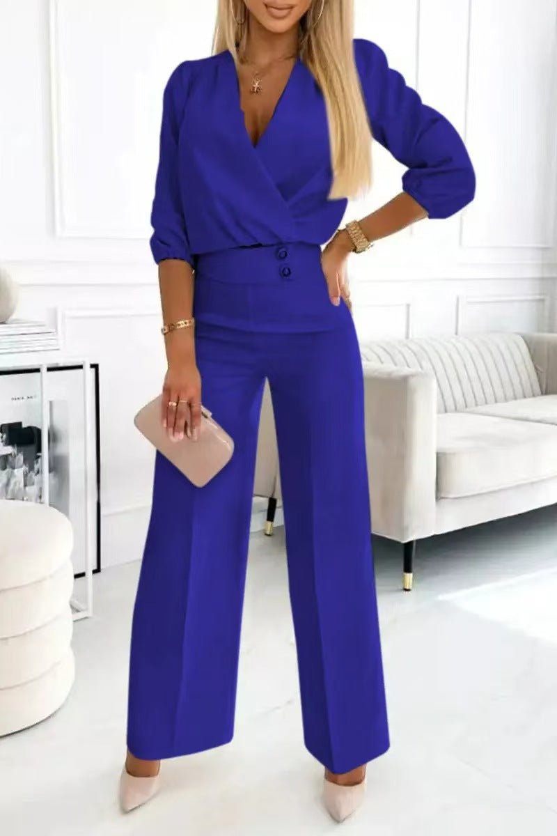 Women's Solid Color And V - neck Two - button 2 - piece Trousers Suit - Elevra