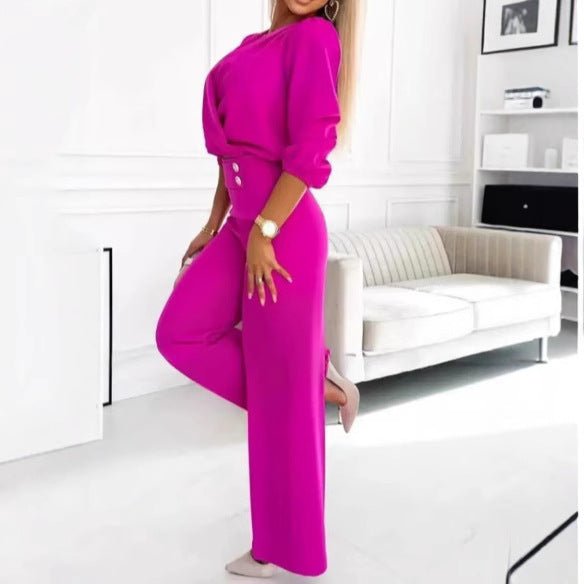 Women's Solid Color And V - neck Two - button 2 - piece Trousers Suit - Elevra