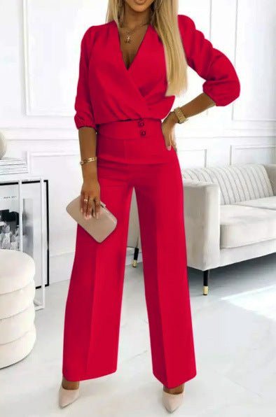 Women's Solid Color And V - neck Two - button 2 - piece Trousers Suit - Elevra