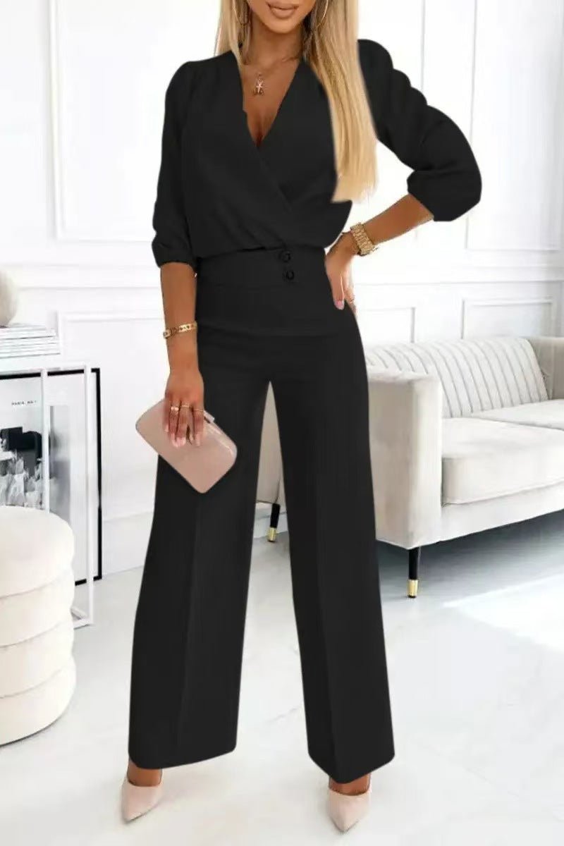 Women's Solid Color And V - neck Two - button 2 - piece Trousers Suit - Elevra