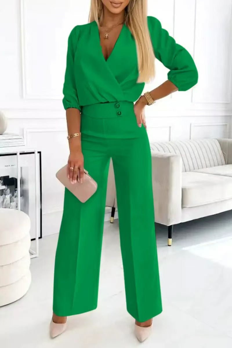 Women's Solid Color And V - neck Two - button 2 - piece Trousers Suit - Elevra