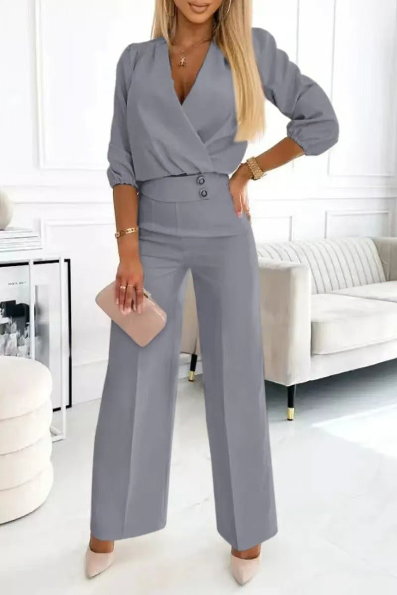 Women's Solid Color And V - neck Two - button 2 - piece Trousers Suit - Elevra
