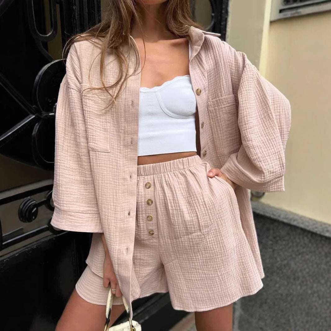 Women's Solid Color Cardigan Breasted Top Fashion Shorts Two - piece Set - Elevra
