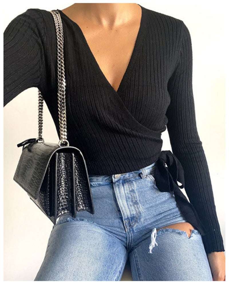 Women's Solid Color Long Sleeved V Neck Lace Up Sweater Bottoming Shirt - Elevra
