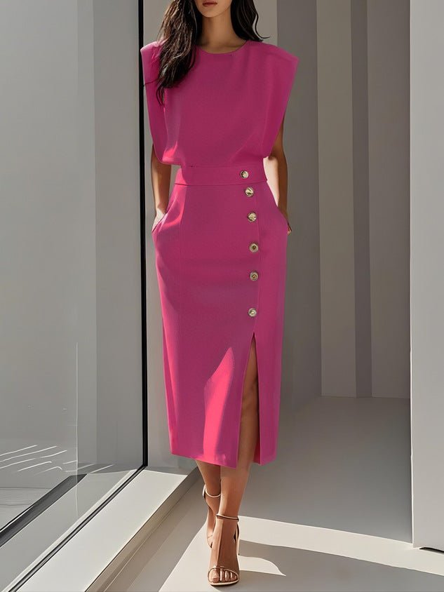 Pink sleeveless midi dress with front buttons and side slit, modern office wear